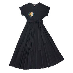 Elizabeth & Nicole Dress With Floral Embroidery, Pleated Skirt Belted Waist, S.
